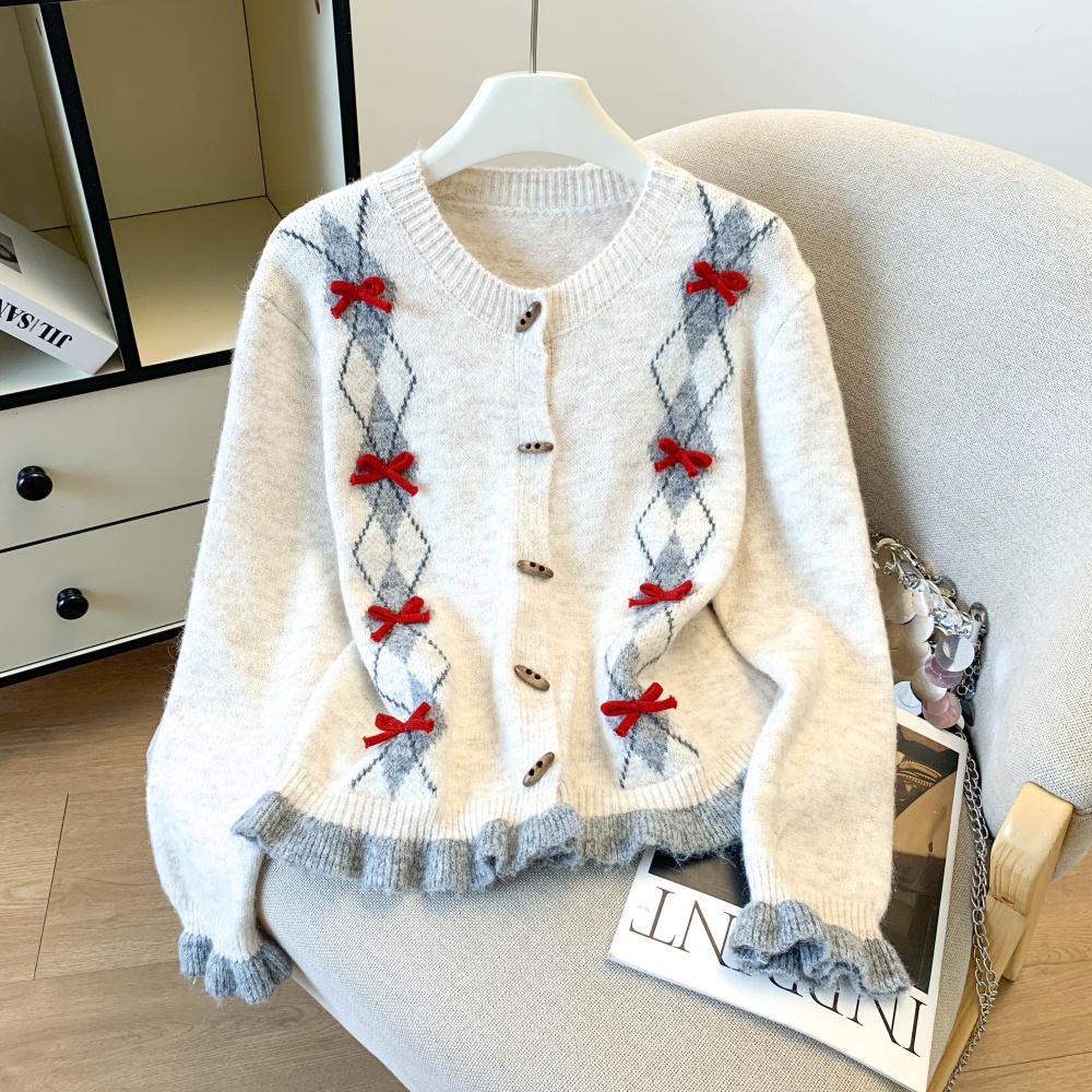 Thick bow autumn and winter cardigan quilted knitted tops