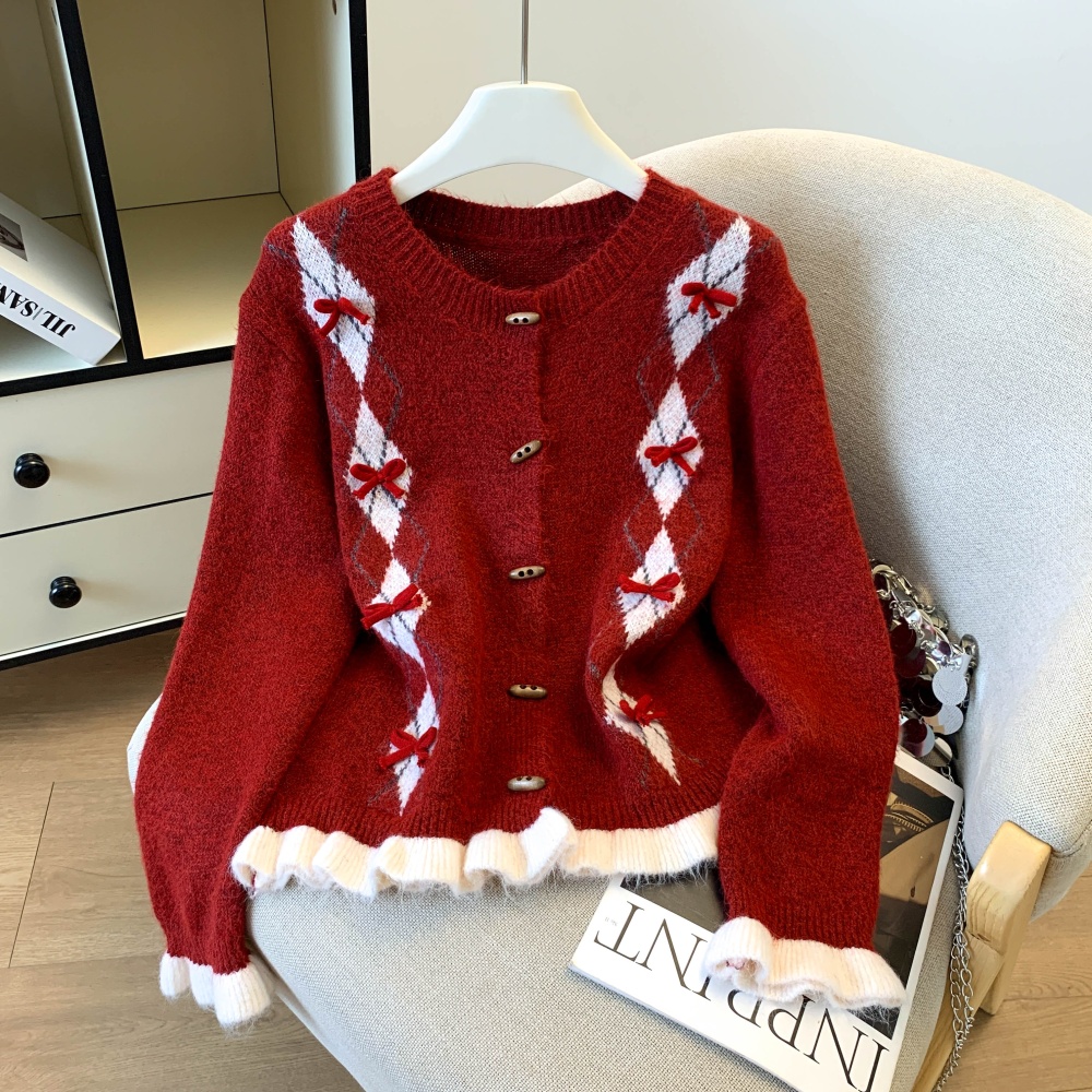Thick bow autumn and winter cardigan quilted knitted tops