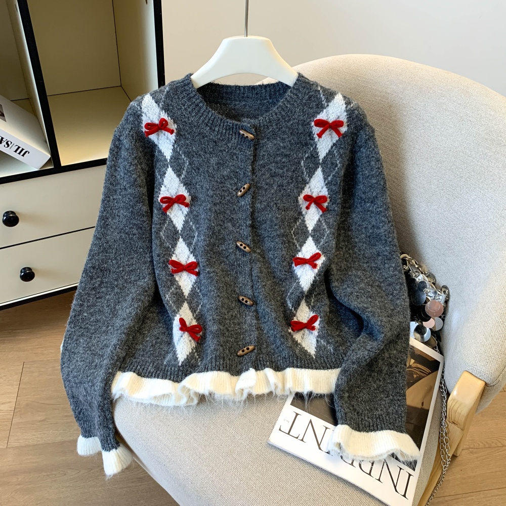 Thick bow autumn and winter cardigan quilted knitted tops