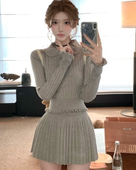 Knitted bow short skirt pleated gray tops a set