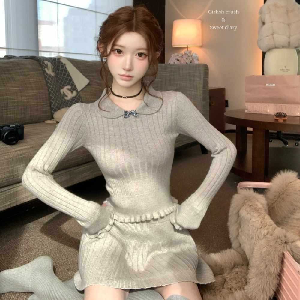 Knitted bow short skirt pleated gray tops a set