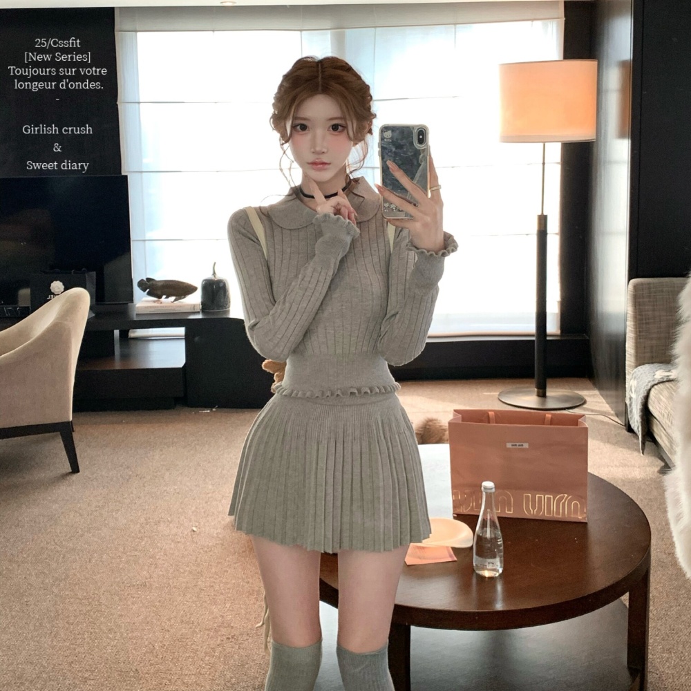 Knitted bow short skirt pleated gray tops a set