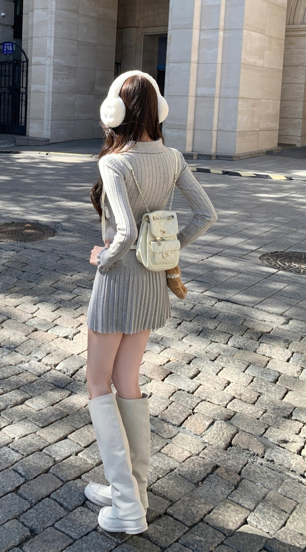 Knitted bow short skirt pleated gray tops a set