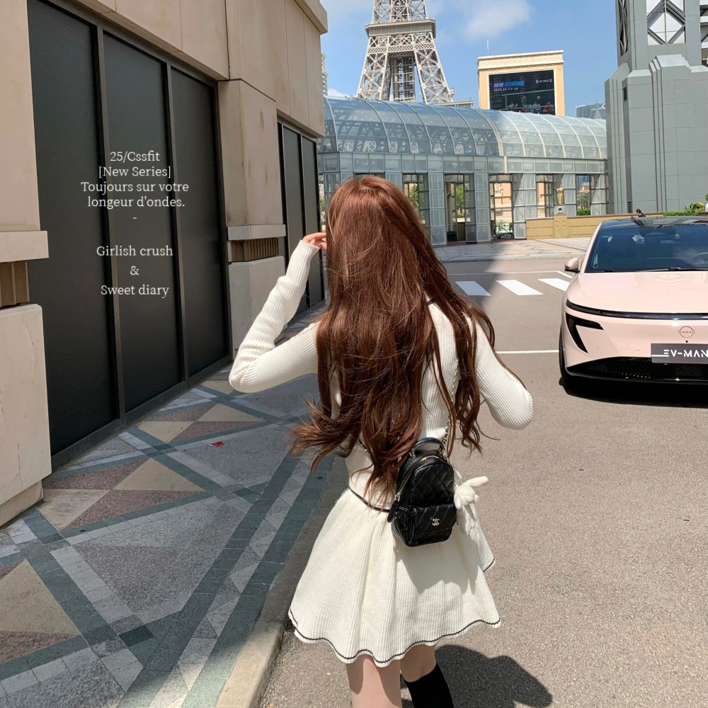 Accent knitted tops bow mixed colors short skirt a set