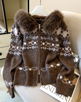 Mixed colors large fur collar autumn and winter sweater
