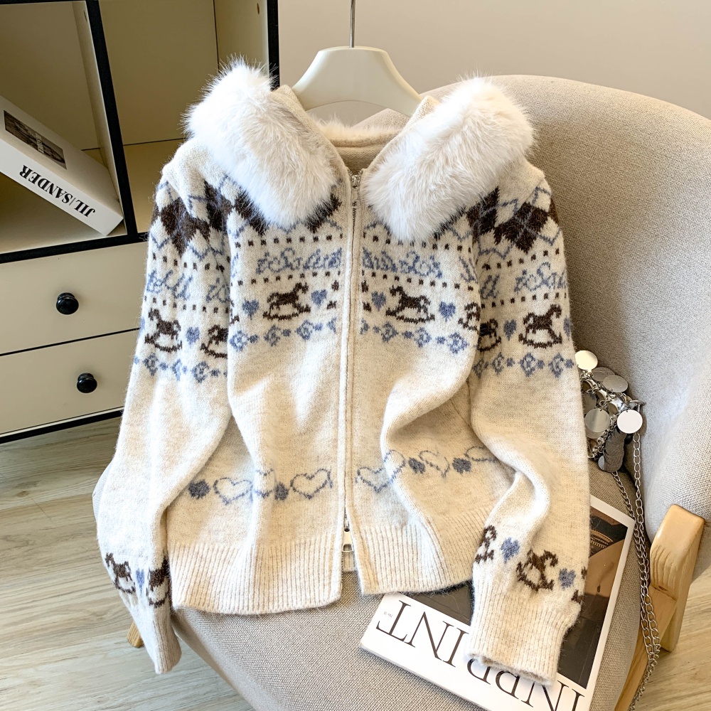 Mixed colors large fur collar autumn and winter sweater