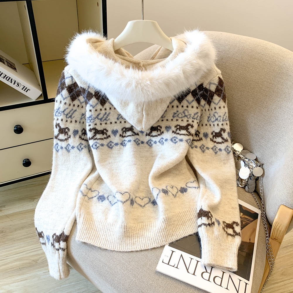 Mixed colors large fur collar autumn and winter sweater