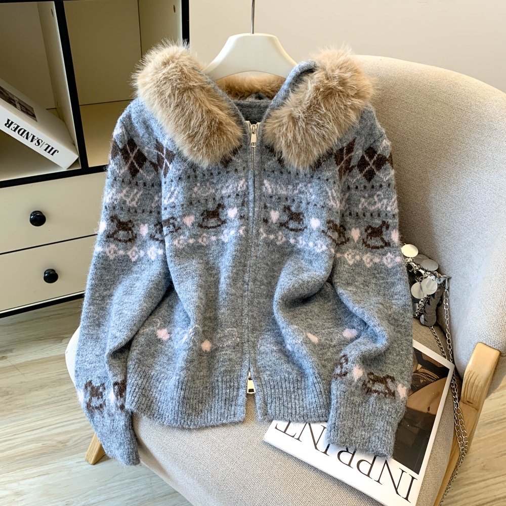 Mixed colors large fur collar autumn and winter sweater