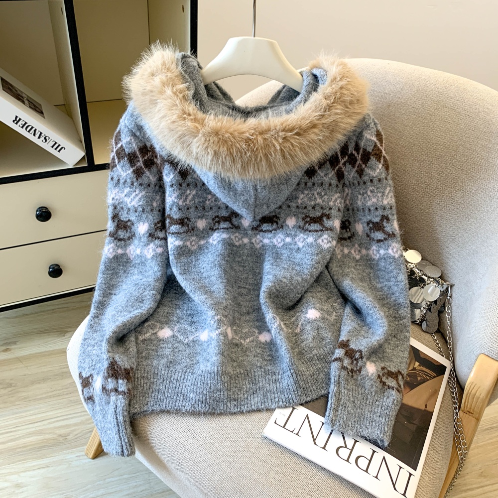 Mixed colors large fur collar autumn and winter sweater
