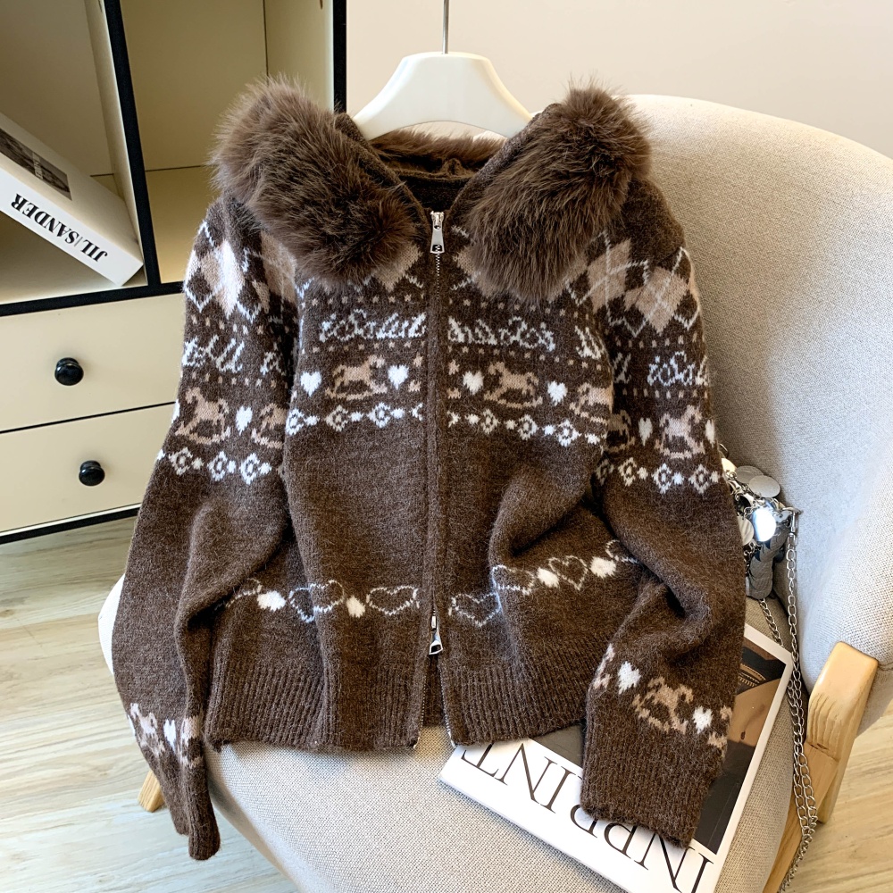 Mixed colors large fur collar autumn and winter sweater