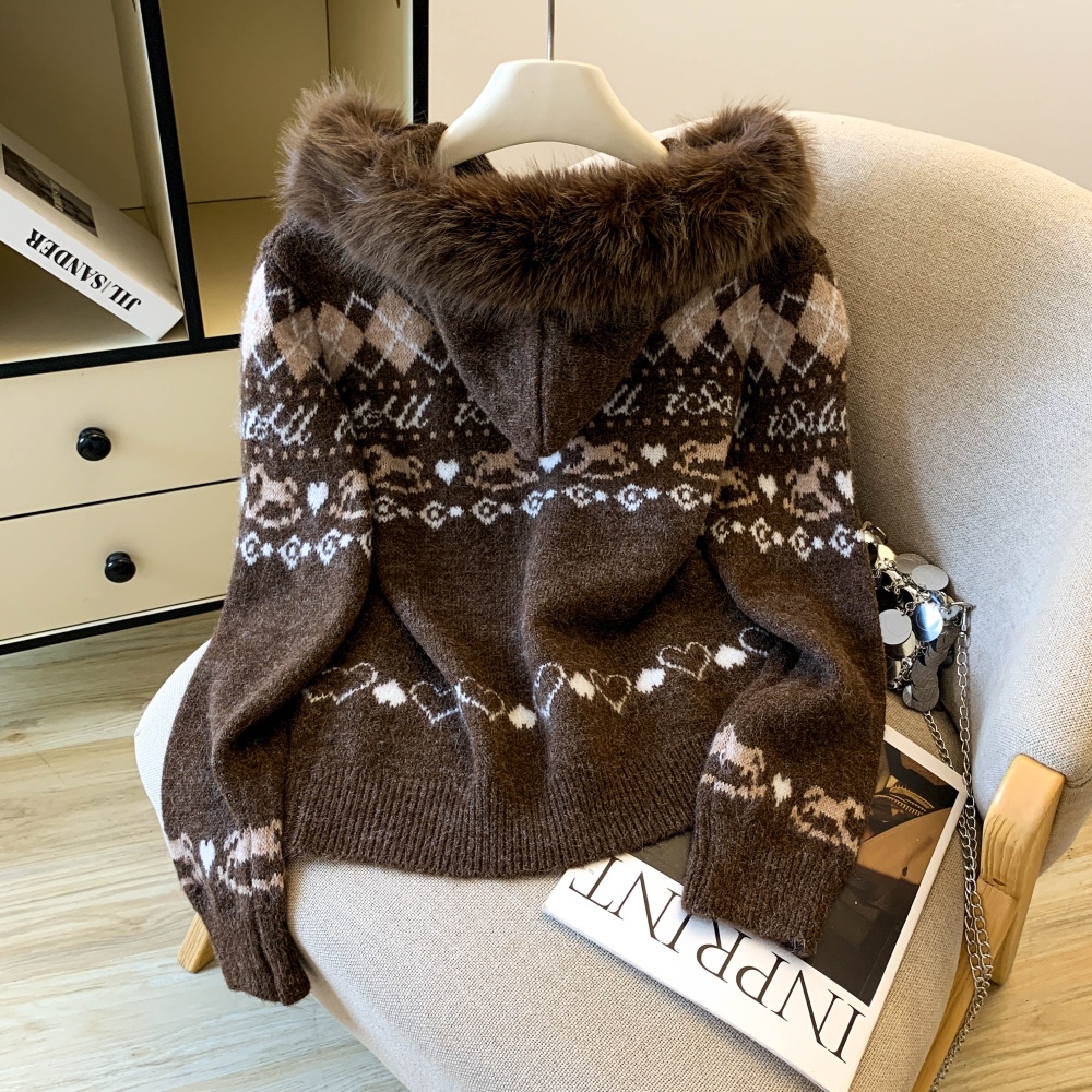 Mixed colors large fur collar autumn and winter sweater