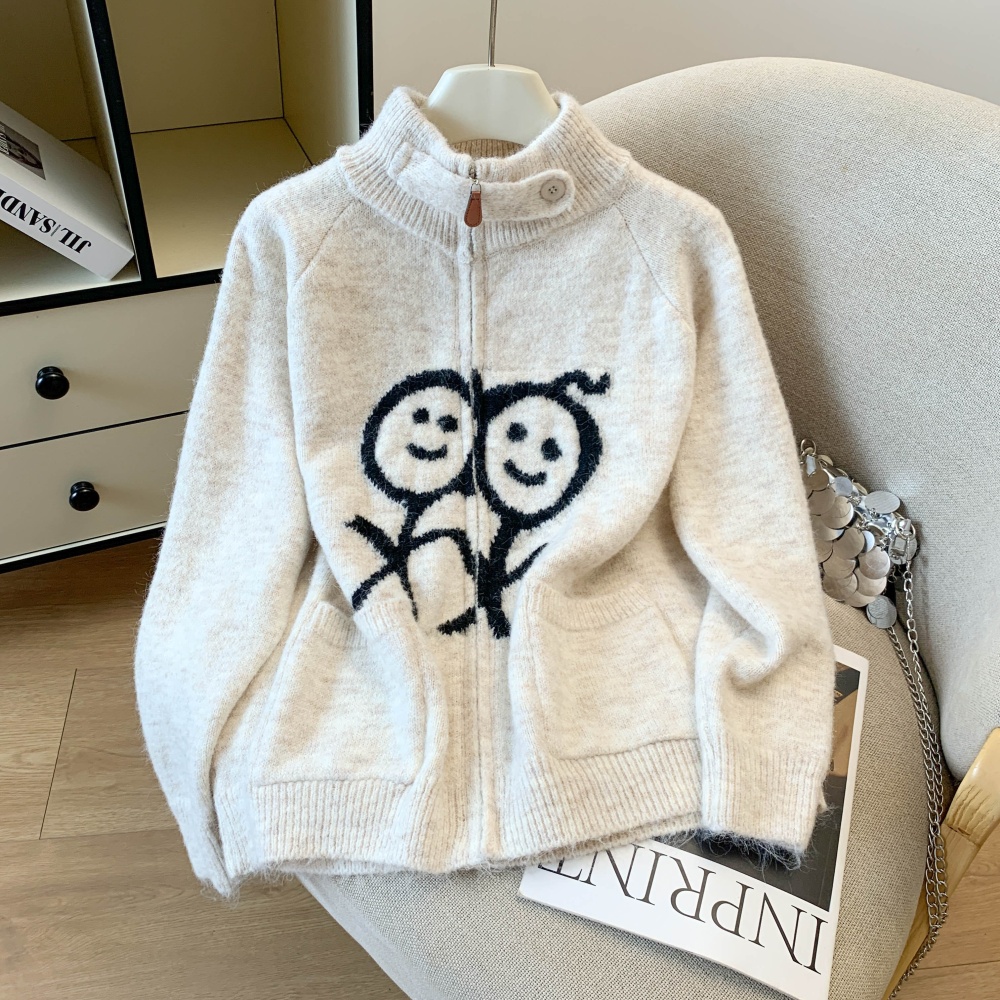 Autumn high collar knitted cardigan lovely zip sweater