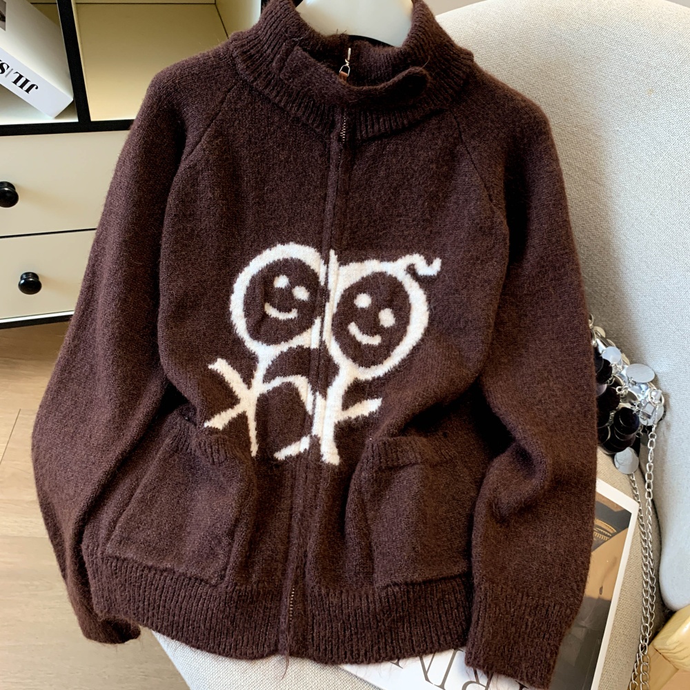 Autumn high collar knitted cardigan lovely zip sweater