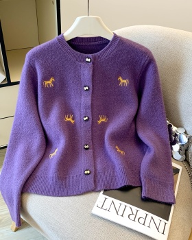 Autumn knitted slim sweater pony embroidery cardigan