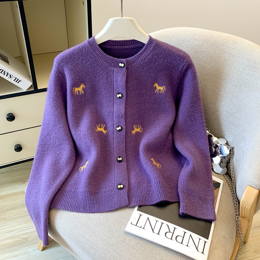 Autumn knitted slim sweater pony embroidery cardigan