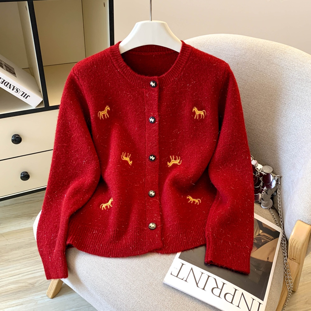 Autumn knitted slim sweater pony embroidery cardigan